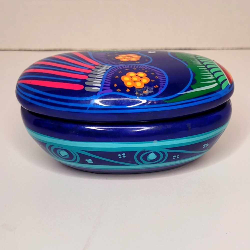 Bright Handpainted Bird Motif Terracotta Trinket Box Handmade
